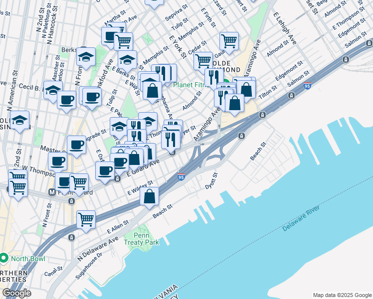 map of restaurants, bars, coffee shops, grocery stores, and more near 800 East Girard Avenue in Philadelphia