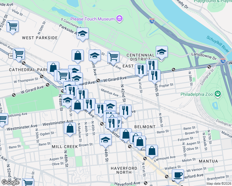 map of restaurants, bars, coffee shops, grocery stores, and more near 4235 Mantua Avenue in Philadelphia