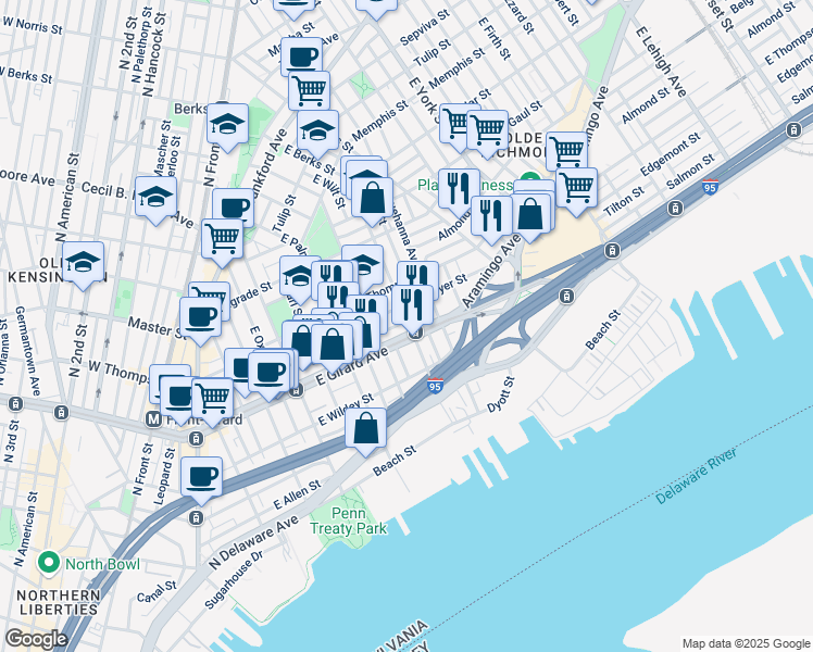 map of restaurants, bars, coffee shops, grocery stores, and more near 629 East Girard Avenue in Philadelphia