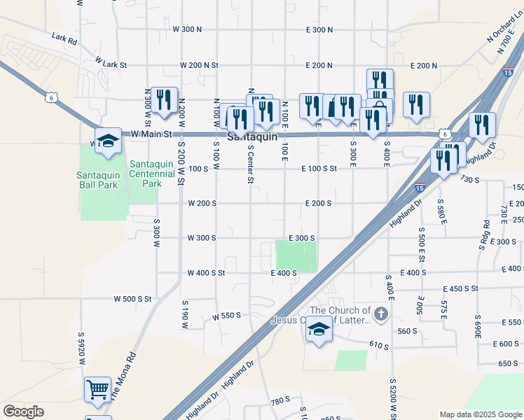 map of restaurants, bars, coffee shops, grocery stores, and more near 20 East 200 South in Santaquin
