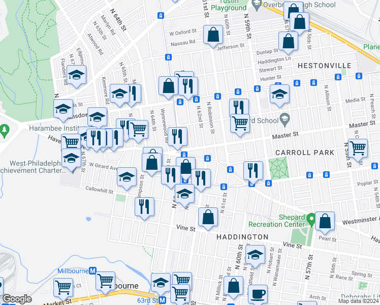 map of restaurants, bars, coffee shops, grocery stores, and more near 6241 Haverford Avenue in Philadelphia