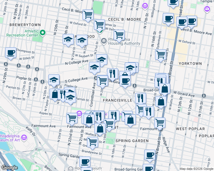 map of restaurants, bars, coffee shops, grocery stores, and more near in Philadelphia