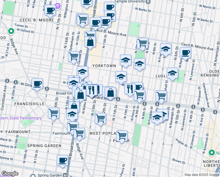 map of restaurants, bars, coffee shops, grocery stores, and more near 1128 Custis Place in Philadelphia