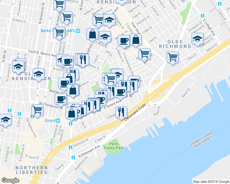 map of restaurants, bars, coffee shops, grocery stores, and more near 520 East Cabot Street in Philadelphia