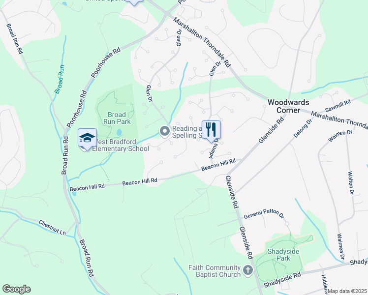 map of restaurants, bars, coffee shops, grocery stores, and more near 1404 Witherspoon Drive in Chester County