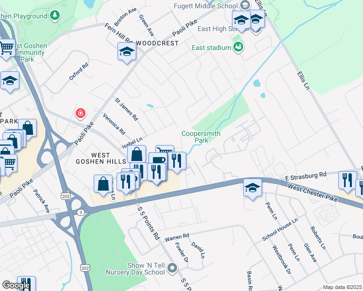 map of restaurants, bars, coffee shops, grocery stores, and more near 220 Spring Lane in West Chester