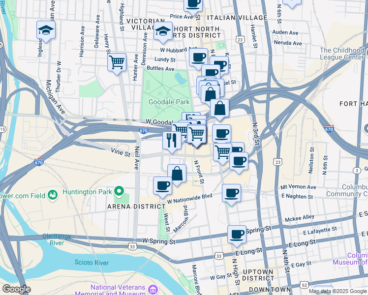 map of restaurants, bars, coffee shops, grocery stores, and more near 99 Worden Alley in Columbus