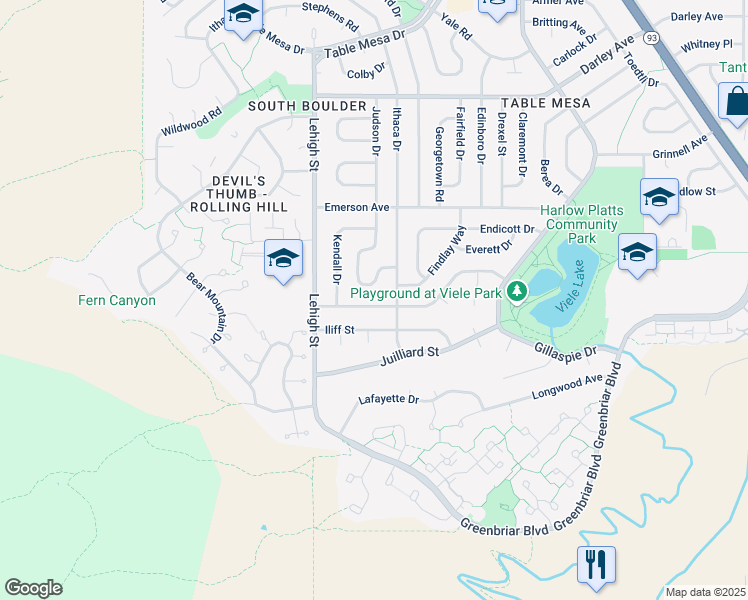 map of restaurants, bars, coffee shops, grocery stores, and more near 2815 Heidelberg Drive in Boulder