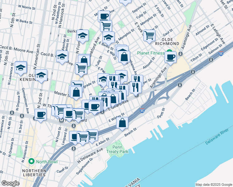 map of restaurants, bars, coffee shops, grocery stores, and more near 512 East Cabot Street in Philadelphia