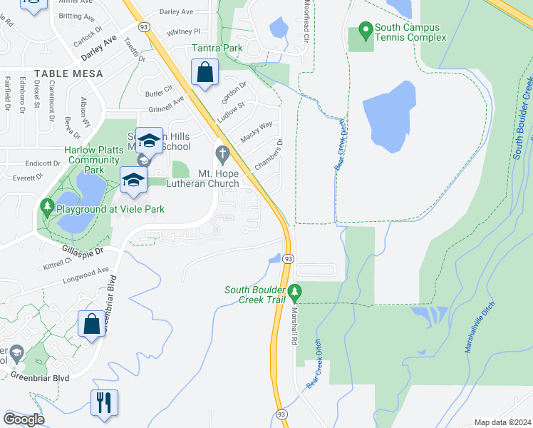 map of restaurants, bars, coffee shops, grocery stores, and more near 1536 Bradley Drive in Boulder