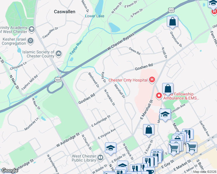 map of restaurants, bars, coffee shops, grocery stores, and more near 308 Goshen Road in West Chester