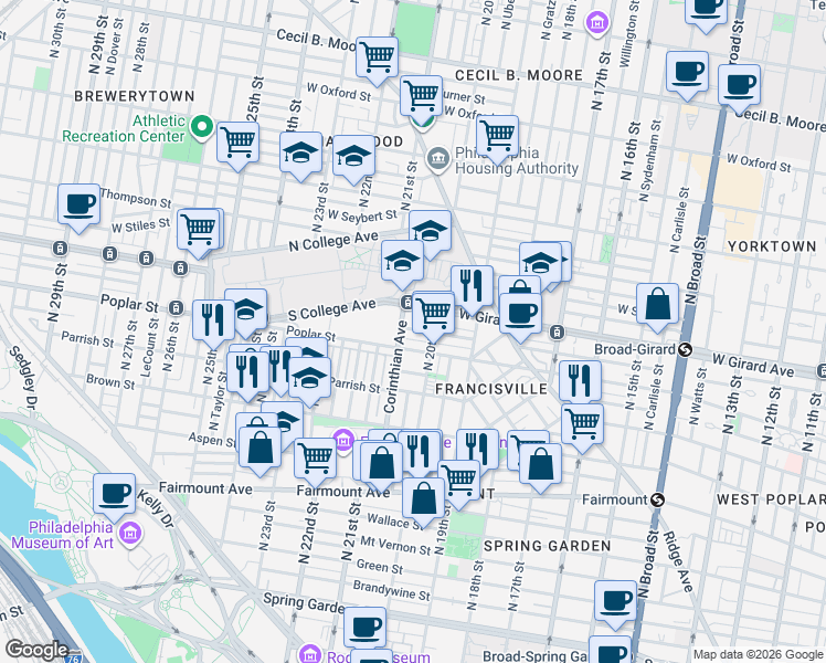 map of restaurants, bars, coffee shops, grocery stores, and more near 2016 Cambridge Street in Philadelphia