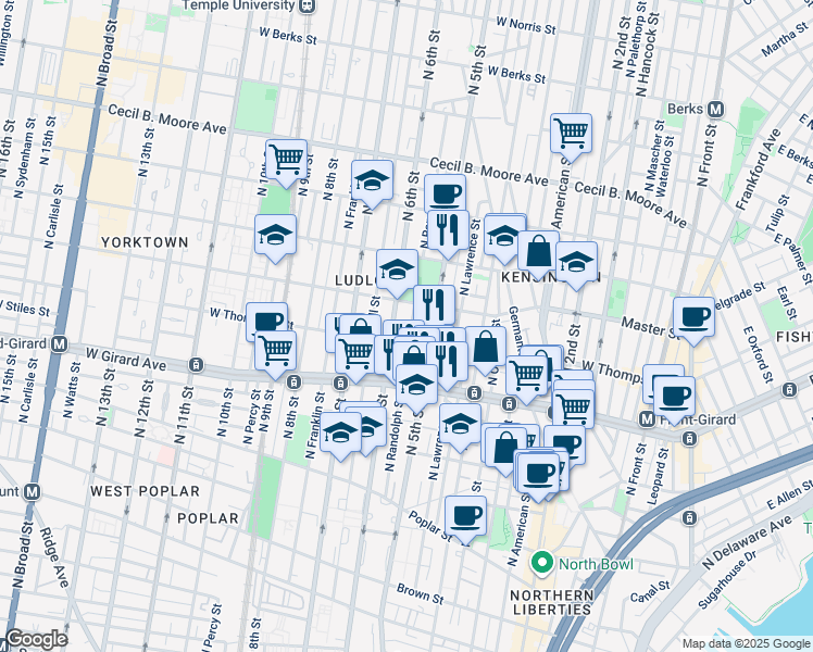 map of restaurants, bars, coffee shops, grocery stores, and more near 1316 North Randolph Street in Philadelphia
