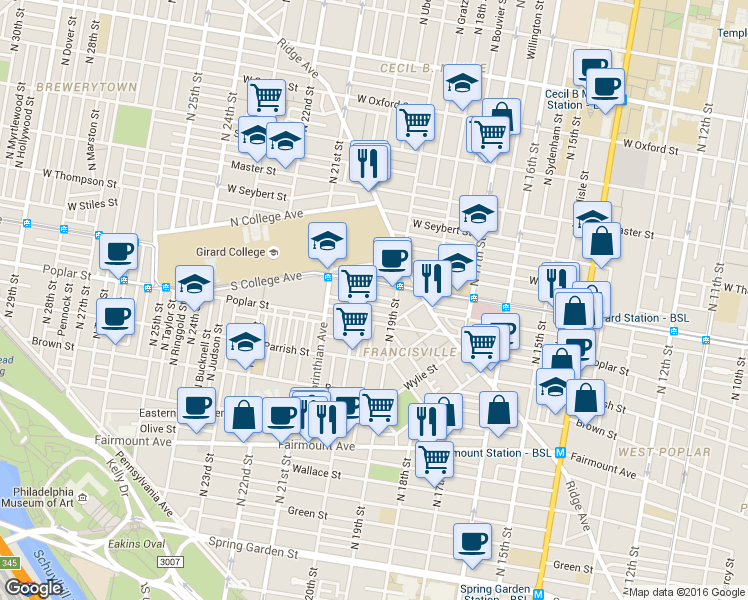 map of restaurants, bars, coffee shops, grocery stores, and more near in Philadelphia