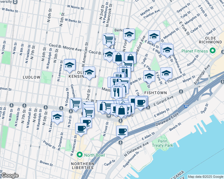 map of restaurants, bars, coffee shops, grocery stores, and more near 113 Master Street in Philadelphia
