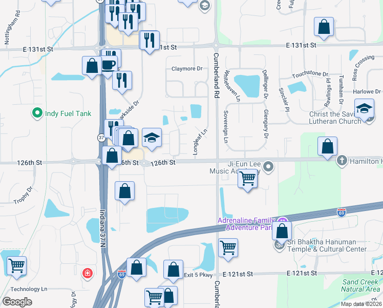 map of restaurants, bars, coffee shops, grocery stores, and more near 12630 Longleaf Ln in Fishers