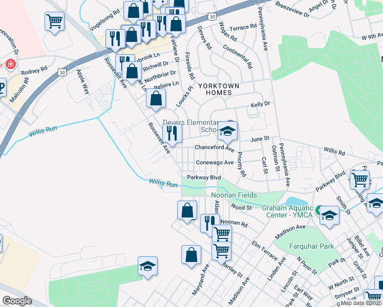 map of restaurants, bars, coffee shops, grocery stores, and more near 762 Tioga Street in York
