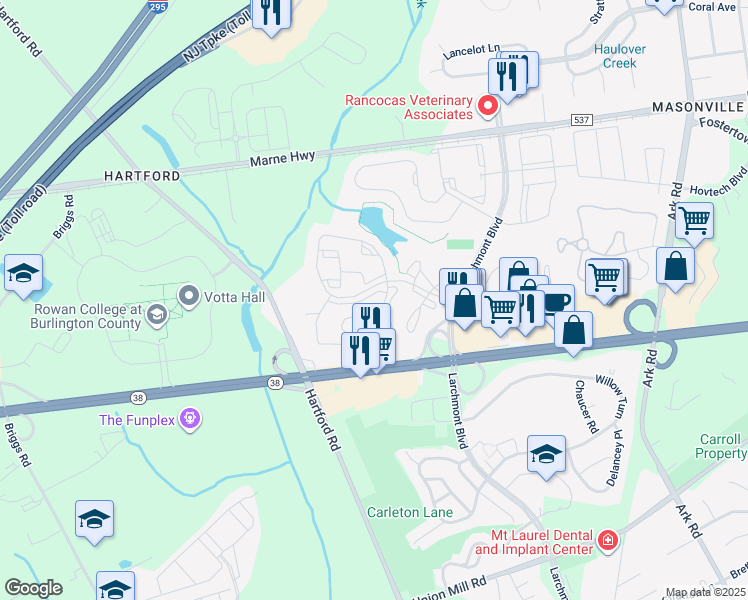 map of restaurants, bars, coffee shops, grocery stores, and more near 5407A Aberdeen Drive in Mount Laurel Township