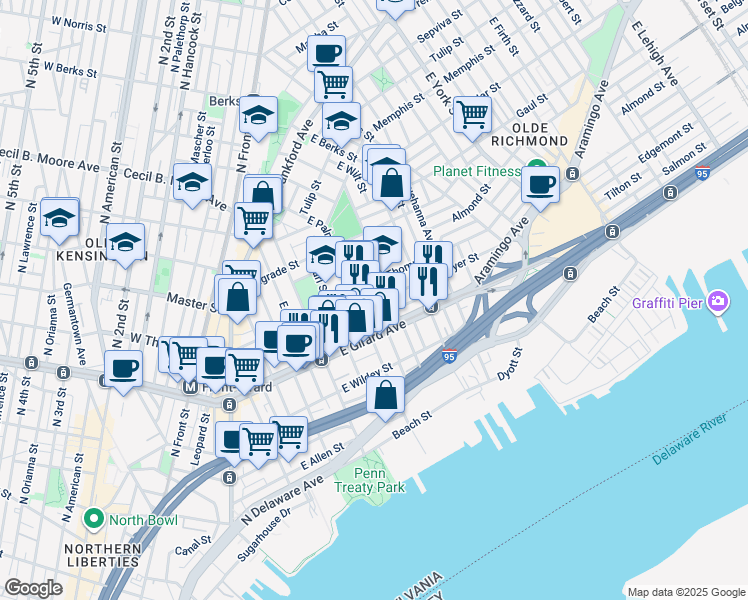 map of restaurants, bars, coffee shops, grocery stores, and more near 520 East Cabot Street in Philadelphia