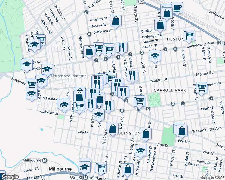 map of restaurants, bars, coffee shops, grocery stores, and more near 1321 North 62nd Street in Philadelphia