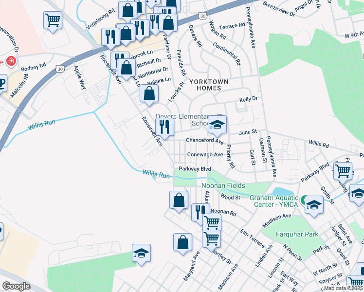 map of restaurants, bars, coffee shops, grocery stores, and more near 762 Tioga Street in York