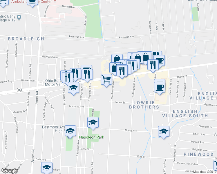 map of restaurants, bars, coffee shops, grocery stores, and more near 3675 East Broad Street in Columbus