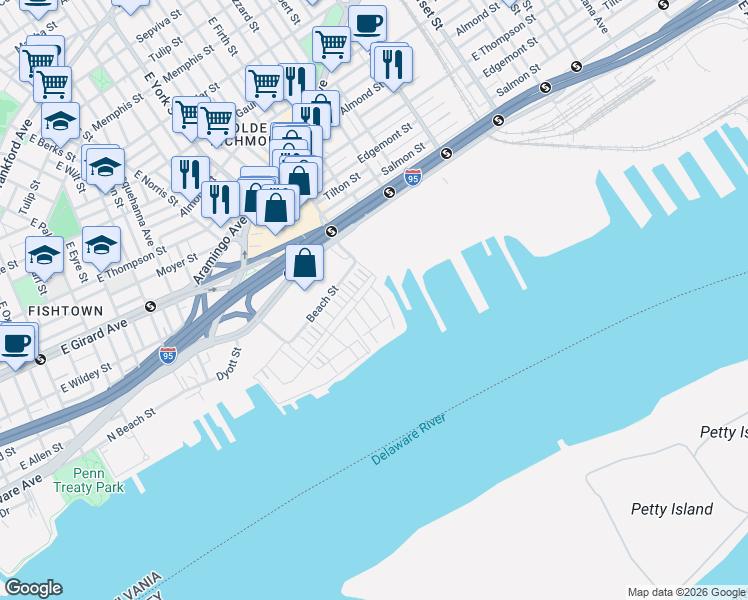 map of restaurants, bars, coffee shops, grocery stores, and more near 2015 Richmond Street in Philadelphia