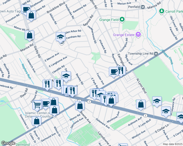 map of restaurants, bars, coffee shops, grocery stores, and more near 124 East Park Road in Havertown