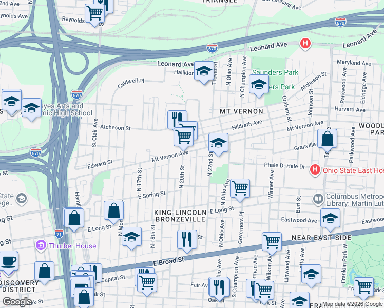 map of restaurants, bars, coffee shops, grocery stores, and more near 1103 Mount Vernon Avenue in Columbus