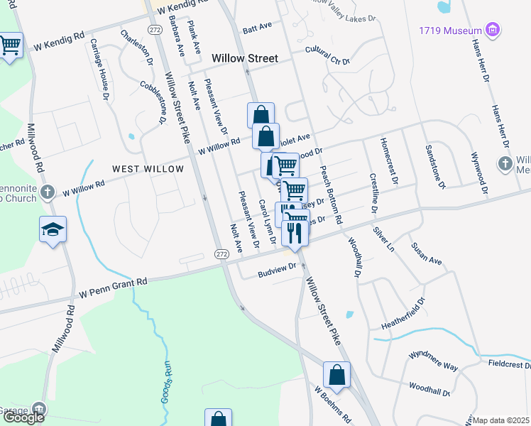 map of restaurants, bars, coffee shops, grocery stores, and more near 341 Carol Lynn Drive in Willow Street