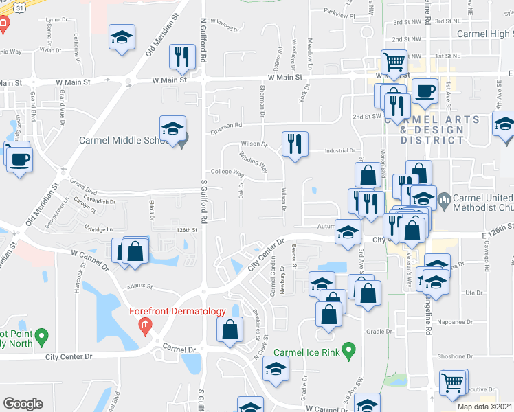 map of restaurants, bars, coffee shops, grocery stores, and more near 16 Shady Ln in Carmel