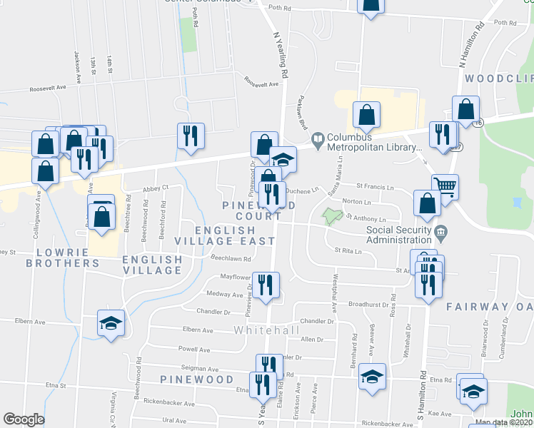 map of restaurants, bars, coffee shops, grocery stores, and more near 125 South Yearling Road in Columbus