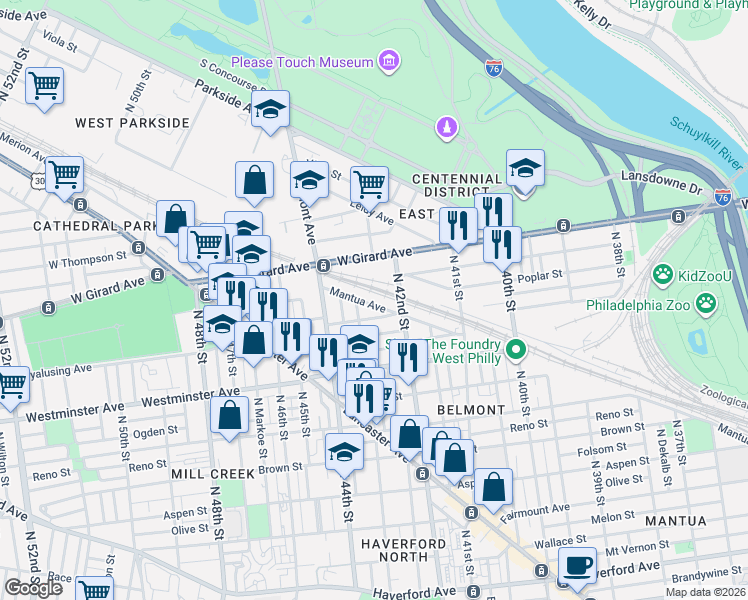 map of restaurants, bars, coffee shops, grocery stores, and more near 4251 Mantua Avenue in Philadelphia