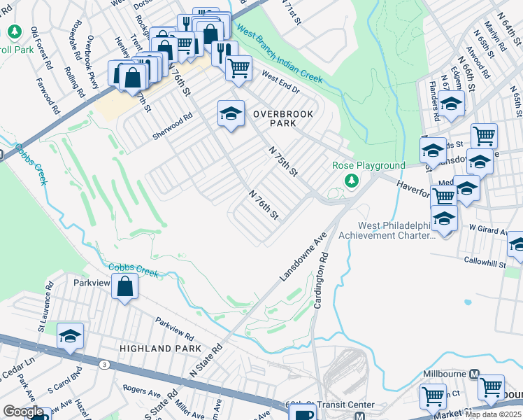 map of restaurants, bars, coffee shops, grocery stores, and more near 1348 North 76th Street in Philadelphia