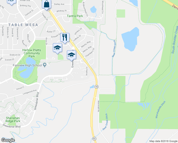map of restaurants, bars, coffee shops, grocery stores, and more near 1590 Bradley Drive in Boulder