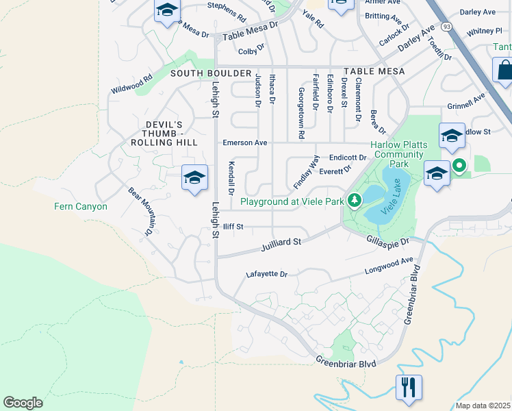 map of restaurants, bars, coffee shops, grocery stores, and more near 2815 Heidelberg Drive in Boulder