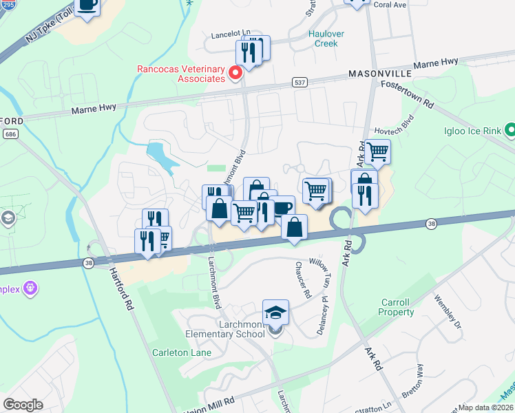 map of restaurants, bars, coffee shops, grocery stores, and more near 2404B Sedgefield Drive in Mount Laurel Township