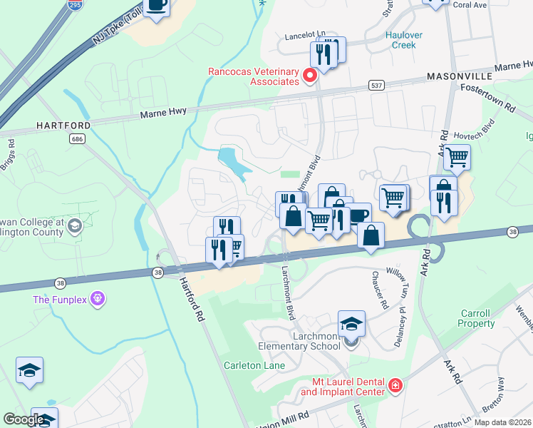map of restaurants, bars, coffee shops, grocery stores, and more near 901 Bradley Court in Mount Laurel