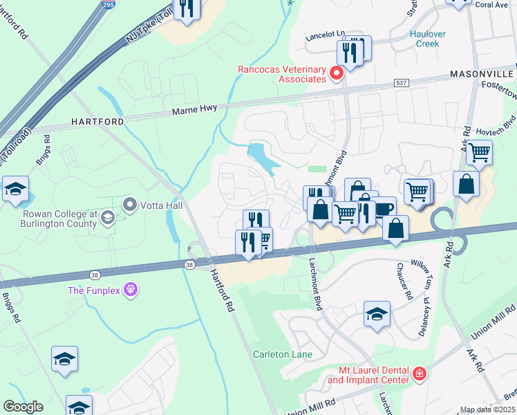 map of restaurants, bars, coffee shops, grocery stores, and more near 4904B Dunbarton Road in Mount Laurel Township