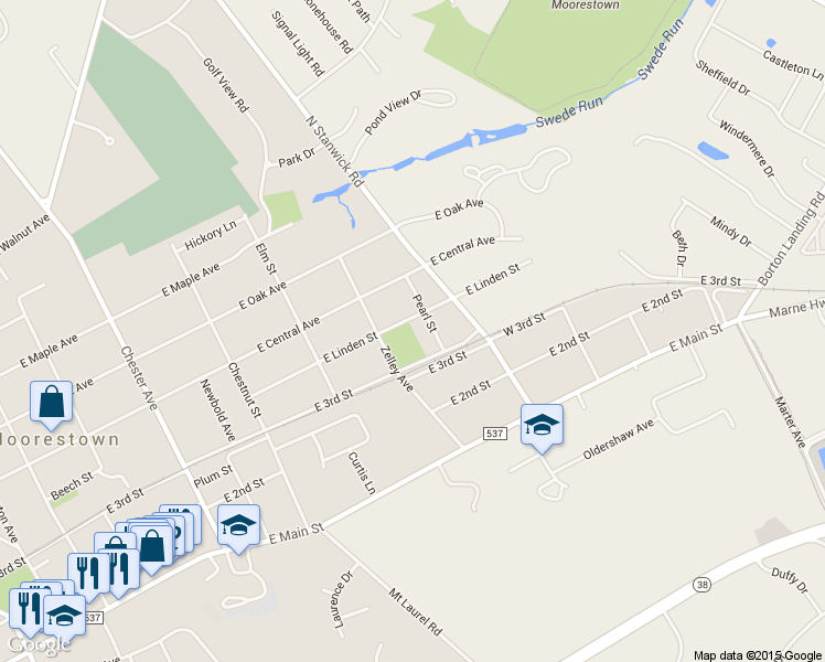 map of restaurants, bars, coffee shops, grocery stores, and more near 308 East Linden Street in Moorestown