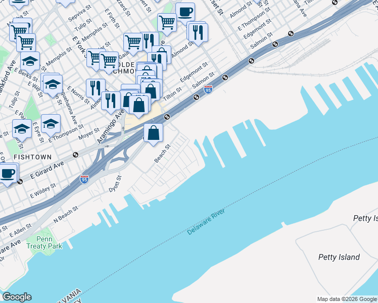 map of restaurants, bars, coffee shops, grocery stores, and more near 2015 Richmond Street in Philadelphia