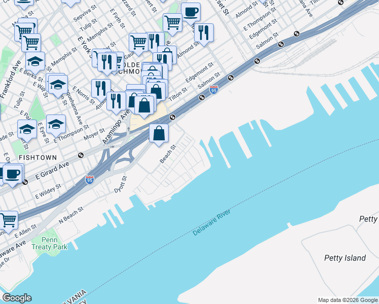 map of restaurants, bars, coffee shops, grocery stores, and more near 2015 Richmond Street in Philadelphia