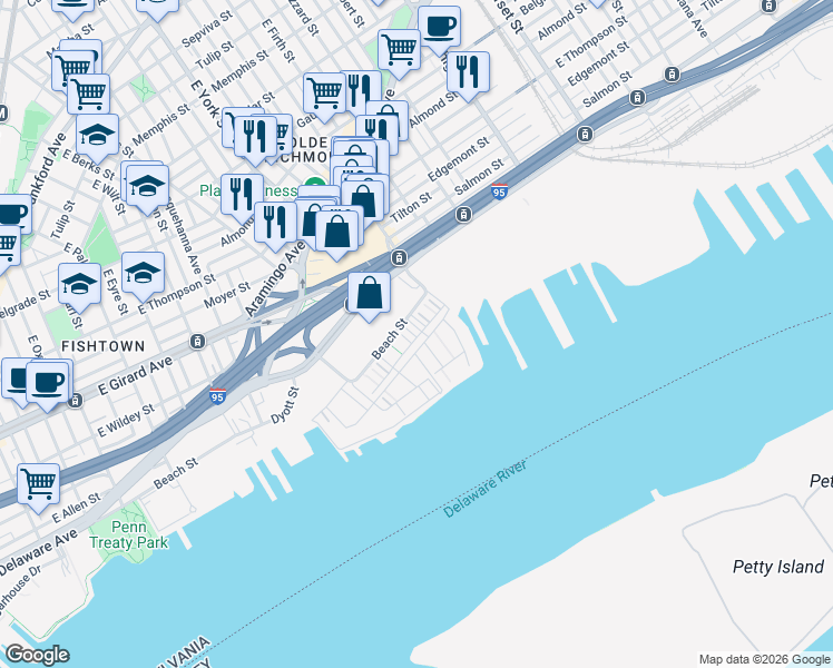 map of restaurants, bars, coffee shops, grocery stores, and more near 2015 Richmond Street in Philadelphia