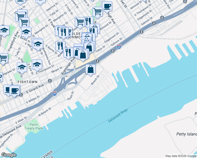 map of restaurants, bars, coffee shops, grocery stores, and more near 2001 Beach Street in Philadelphia