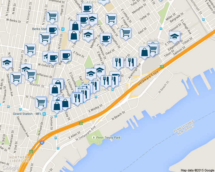 map of restaurants, bars, coffee shops, grocery stores, and more near in Philadelphia