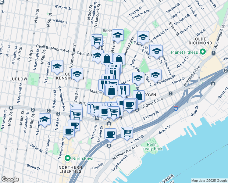 map of restaurants, bars, coffee shops, grocery stores, and more near 1348 Marlborough Street in Philadelphia