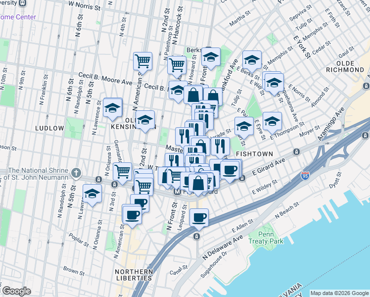map of restaurants, bars, coffee shops, grocery stores, and more near 1405 North Front Street in Philadelphia