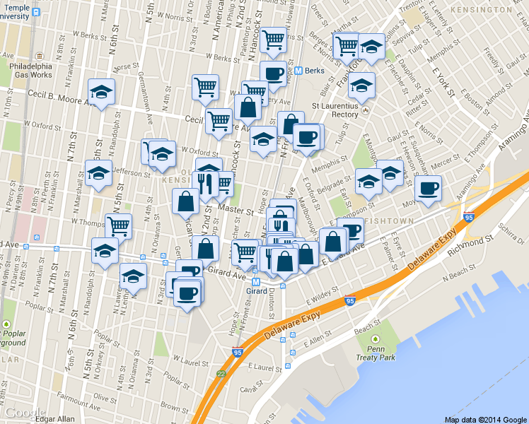 map of restaurants, bars, coffee shops, grocery stores, and more near 1405 North Front Street in Philadelphia