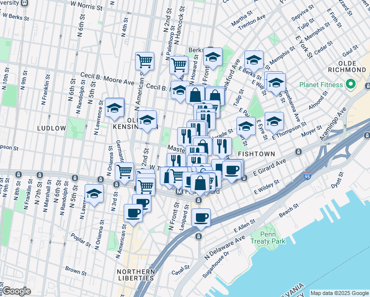 map of restaurants, bars, coffee shops, grocery stores, and more near 113 Master Street in Philadelphia