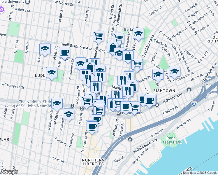 map of restaurants, bars, coffee shops, grocery stores, and more near in Philadelphia